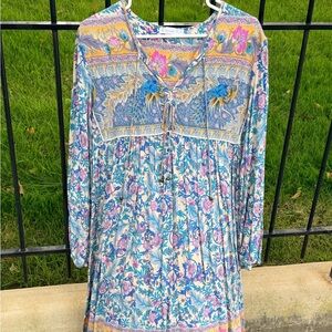 Multicolor peacock Dress with tie neck